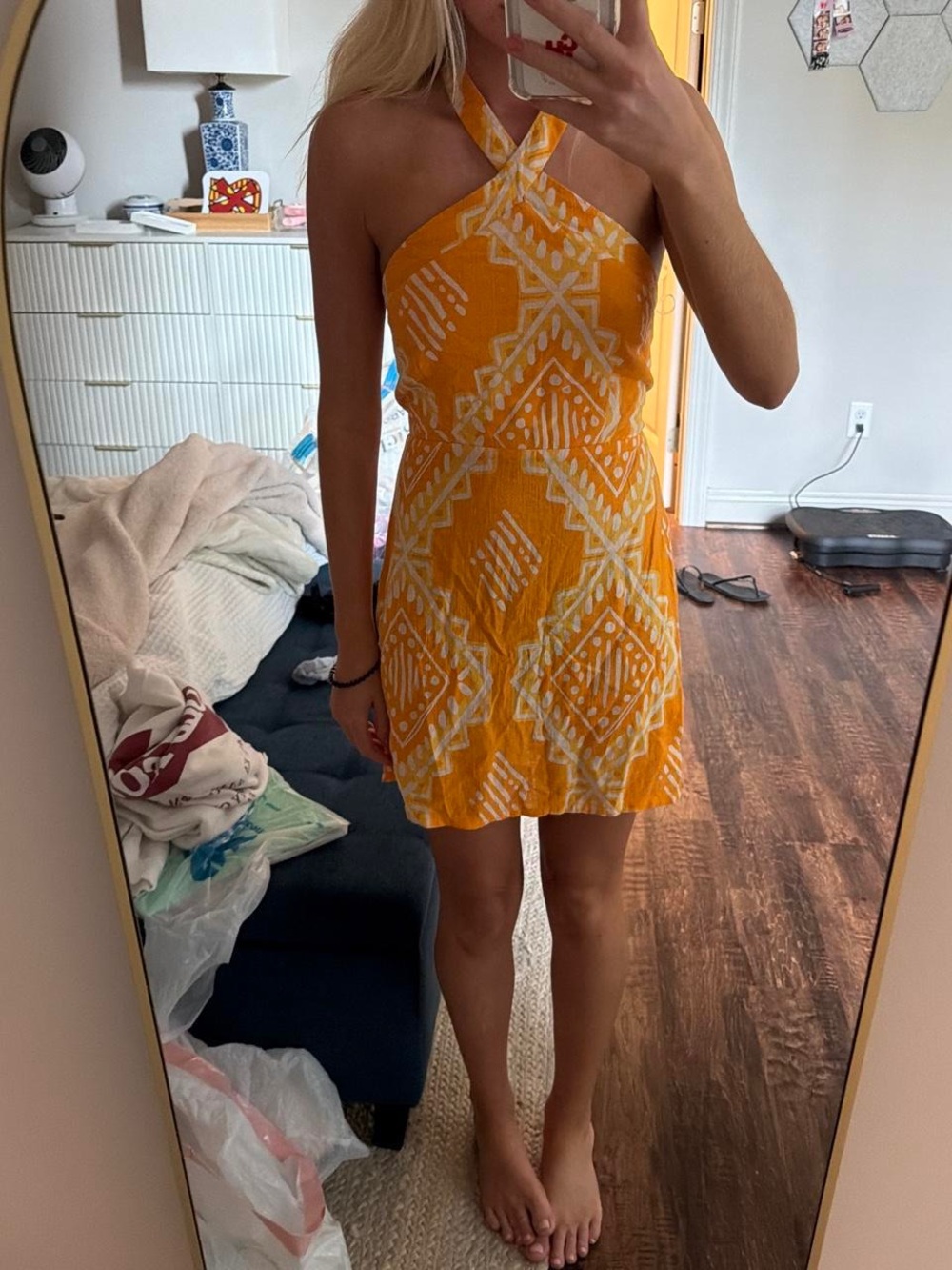 Yellow Halter Mini Dress with White Geometric Print